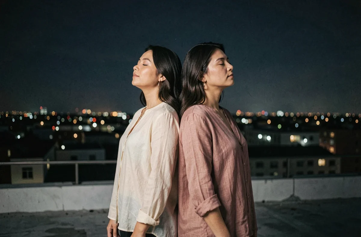 Deux femmes dos à dos sur un toit la nuit symbolisant la connexion flamme jumelle sous un ciel étoilé urbain