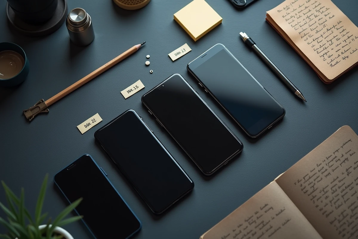 Mise à plat de smartphones de différentes générations disposés en chronologie sur un bureau ardoise