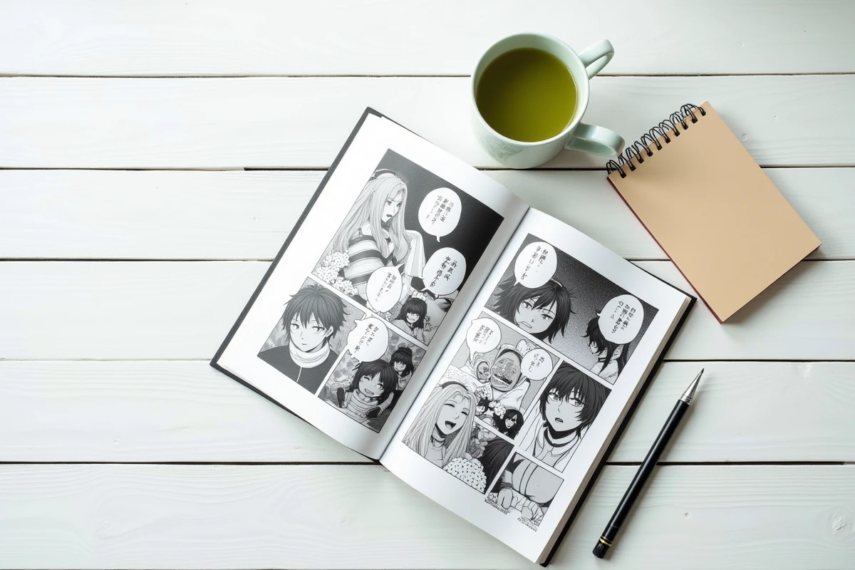 Vue de dessus d'un volume de manga One Piece ouvert sur une table avec une tasse de thé et des notes