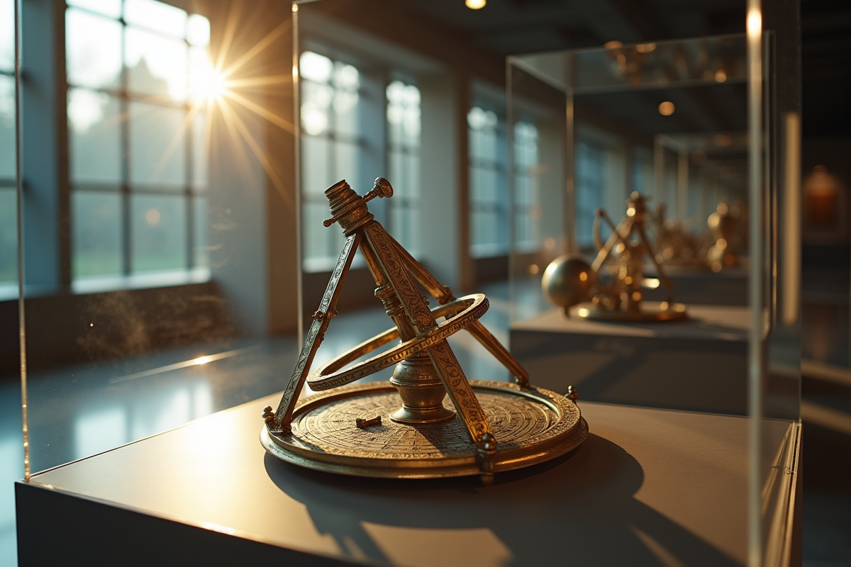 Vitrine avec astrolabe renaissance dans une galerie moderne