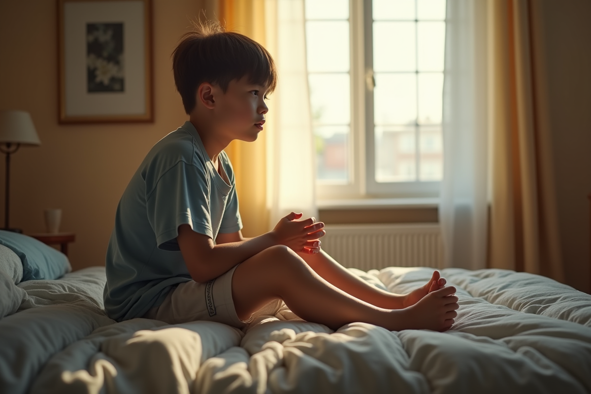 Adolescent pensif assis sur son lit dans une chambre lumineuse