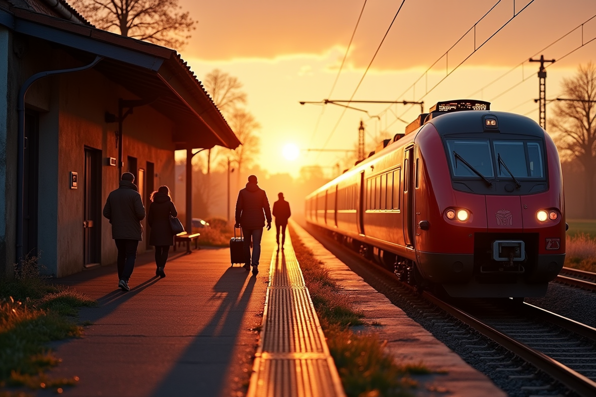 Gare rurale française au lever du soleil avec train et voyageurs