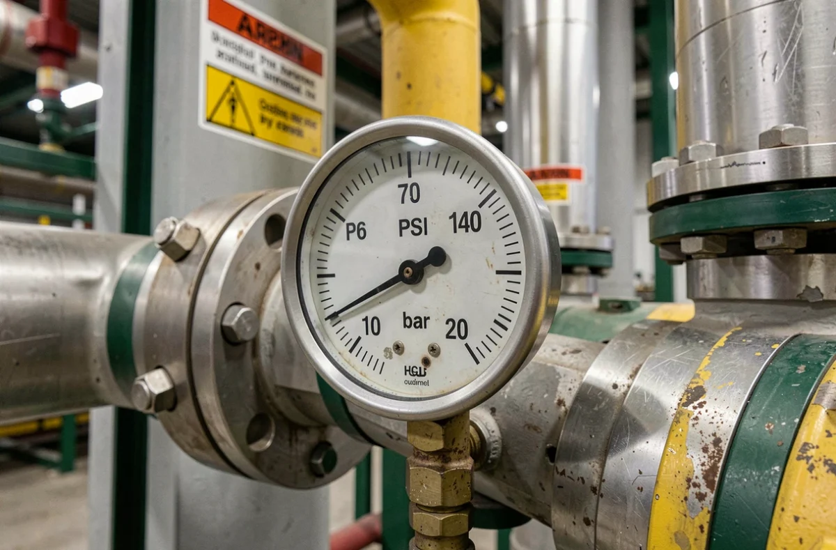 Gros plan sur un manomètre industriel affichant simultanément les unités PSI et bar sur une tuyauterie en acier inoxydable dans une installation pétrochimique