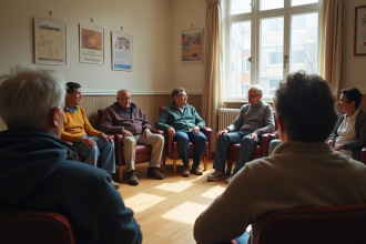 Groupe d'adultes divers partageant en cercle dans un centre communautaire
