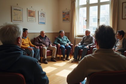 Groupe d'adultes divers partageant en cercle dans un centre communautaire