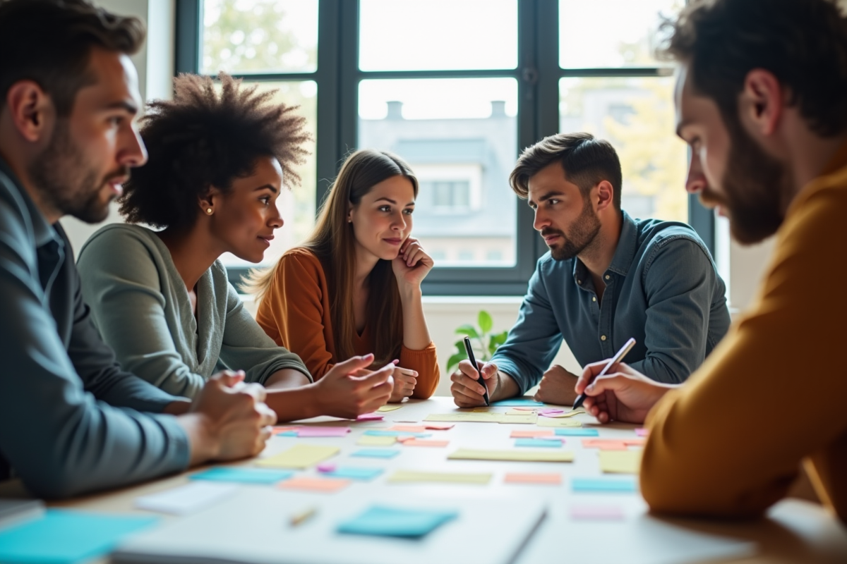 Groupe de quatre adultes autour d'une mind map colorée