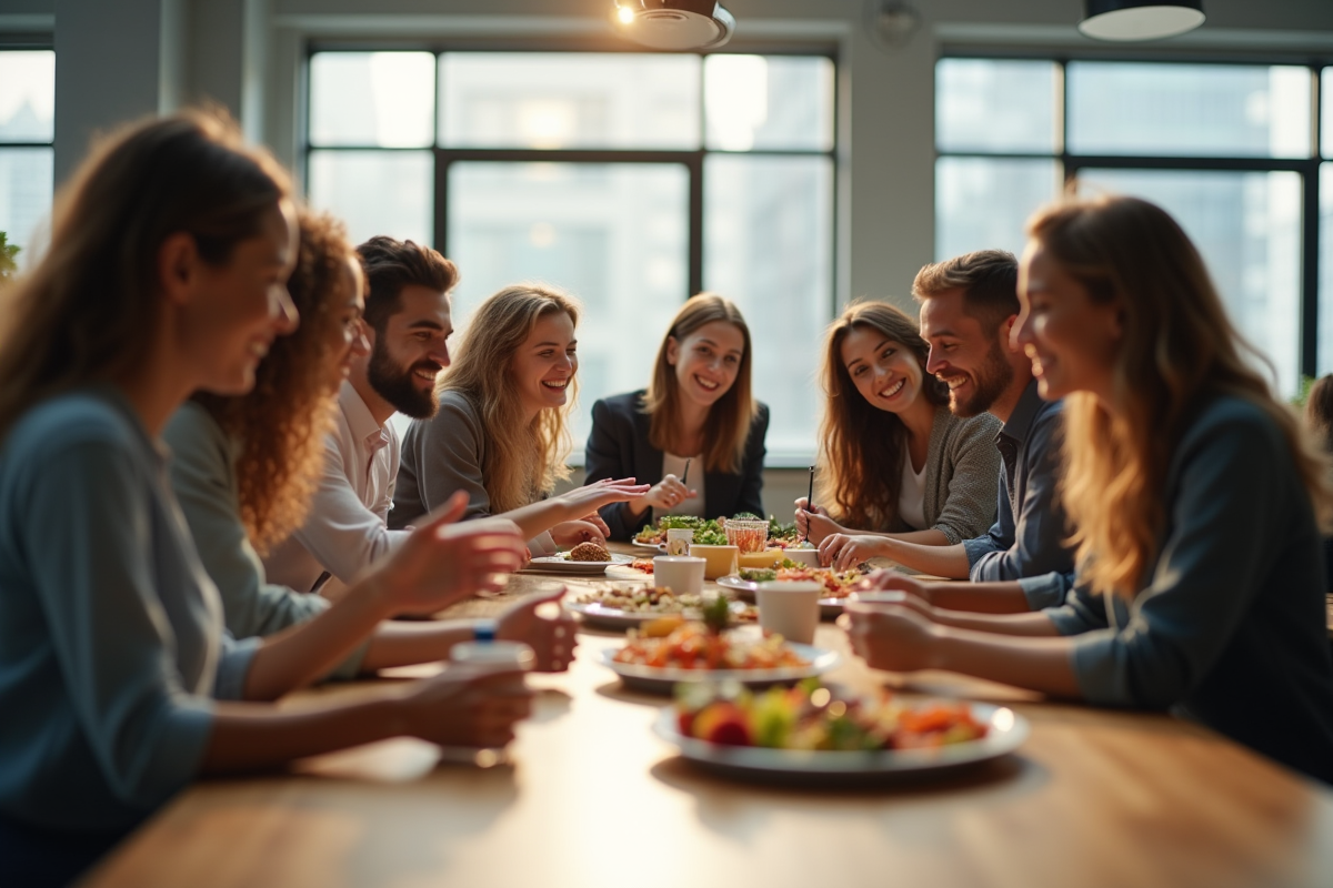 Groupe diversifié partageant des objets dans un espace de coworking lumineux