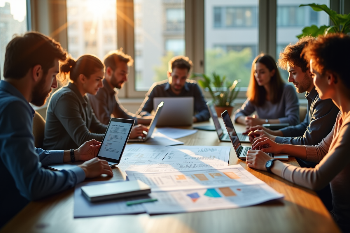 Groupe de personnes analysant des nouvelles mondiales autour d'une table lumineuse