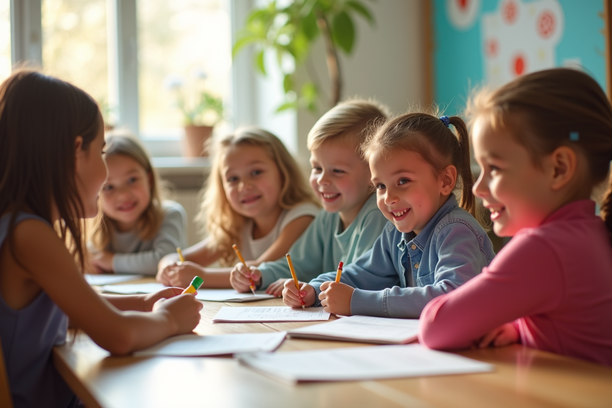 Enfants souriants en classe lumineuse avec enseignant