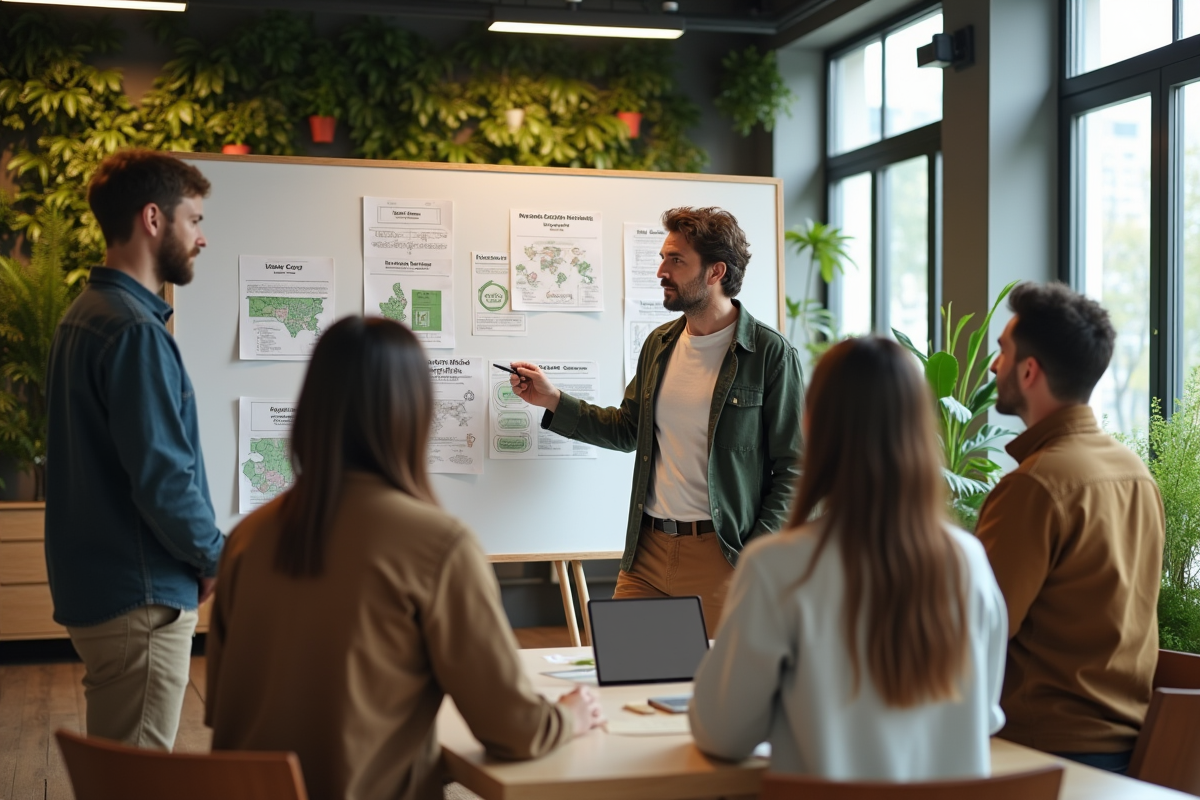 Groupe de stagiaires dans un espace de coworking écologique