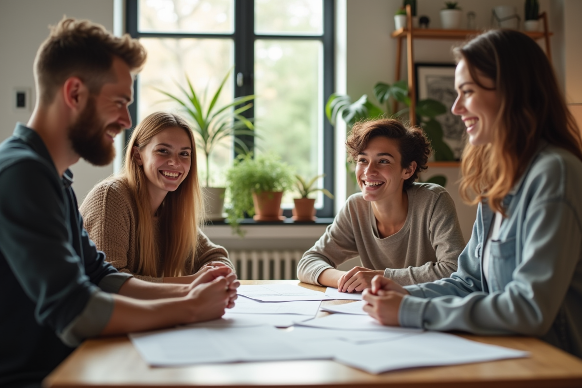 Groupe de jeunes adultes discutant autour d'une table de cuisine