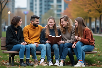 Groupe divers de personnes lisant un livre de po&eacute;sie dans un parc urbain