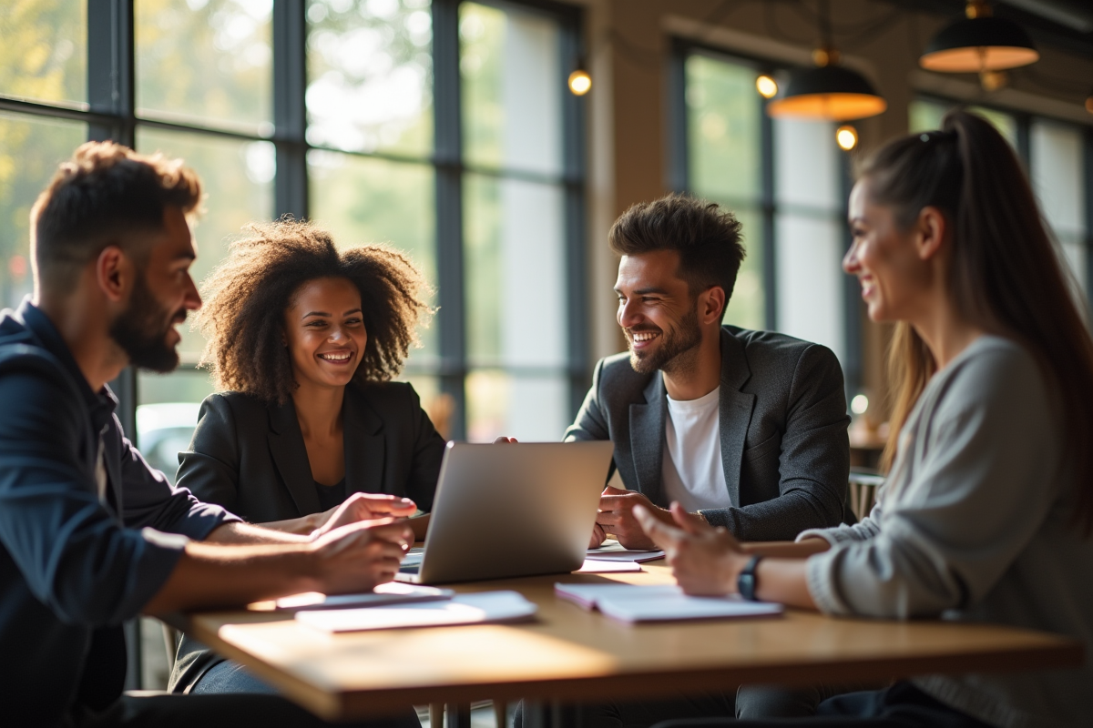 Groupe de millennials discutant finance dans un café lumineux