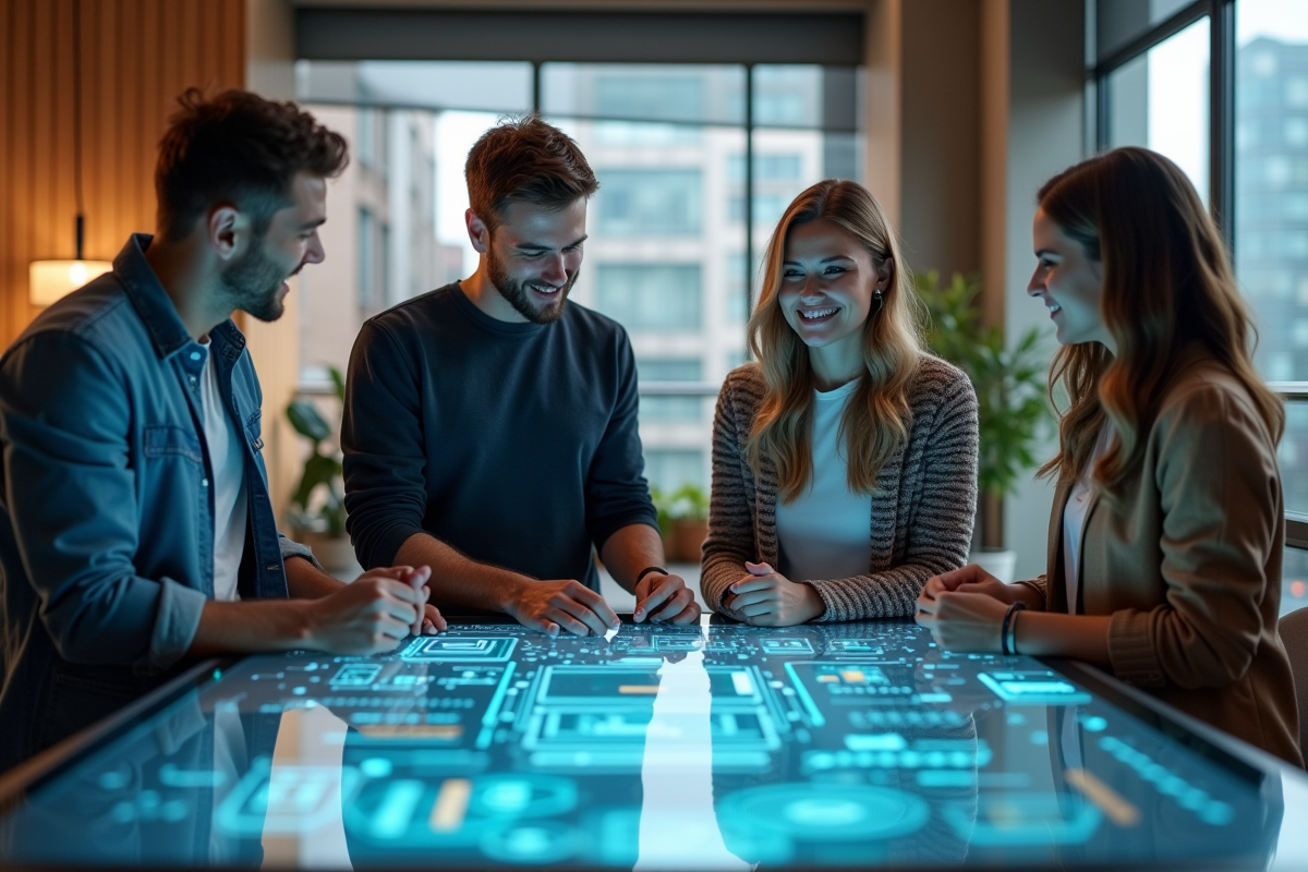 Groupe de quatre professionnels discutant autour d une interface digitale