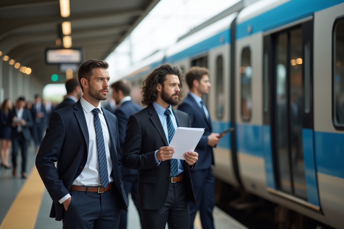Groupe de chercheurs d emploi devant un train moderne