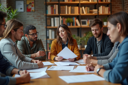 Groupe divers de personnes en discussion dans un espace de coworking