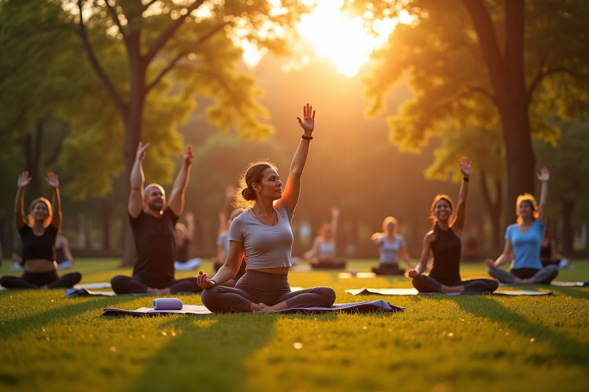 Groupe de personnes faisant du yoga au lever du soleil dans un parc