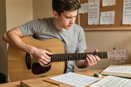 Jeune guitariste débutant étudiant une tablature de guitare annotée au crayon sur un bureau en bois dans un home studio