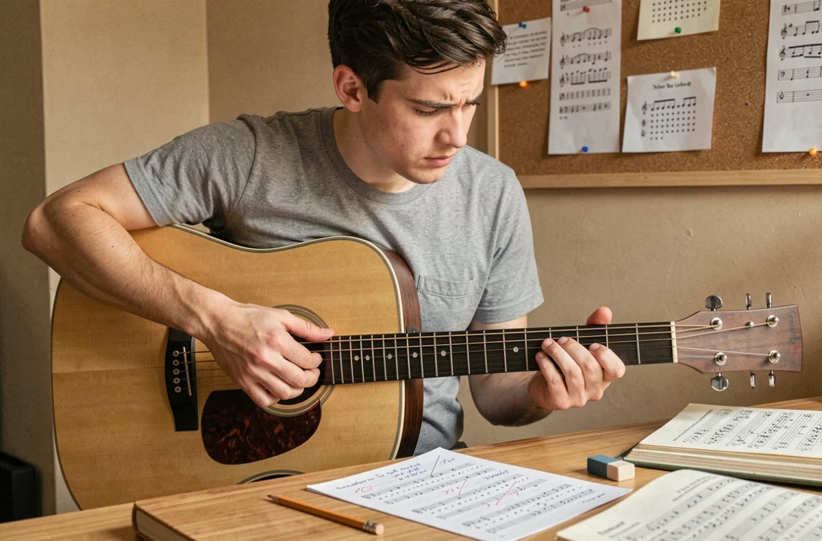 Jeune guitariste débutant étudiant une tablature de guitare annotée au crayon sur un bureau en bois dans un home studio
