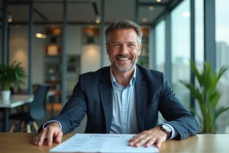 Homme d'affaires en blazer souriant dans un bureau moderne