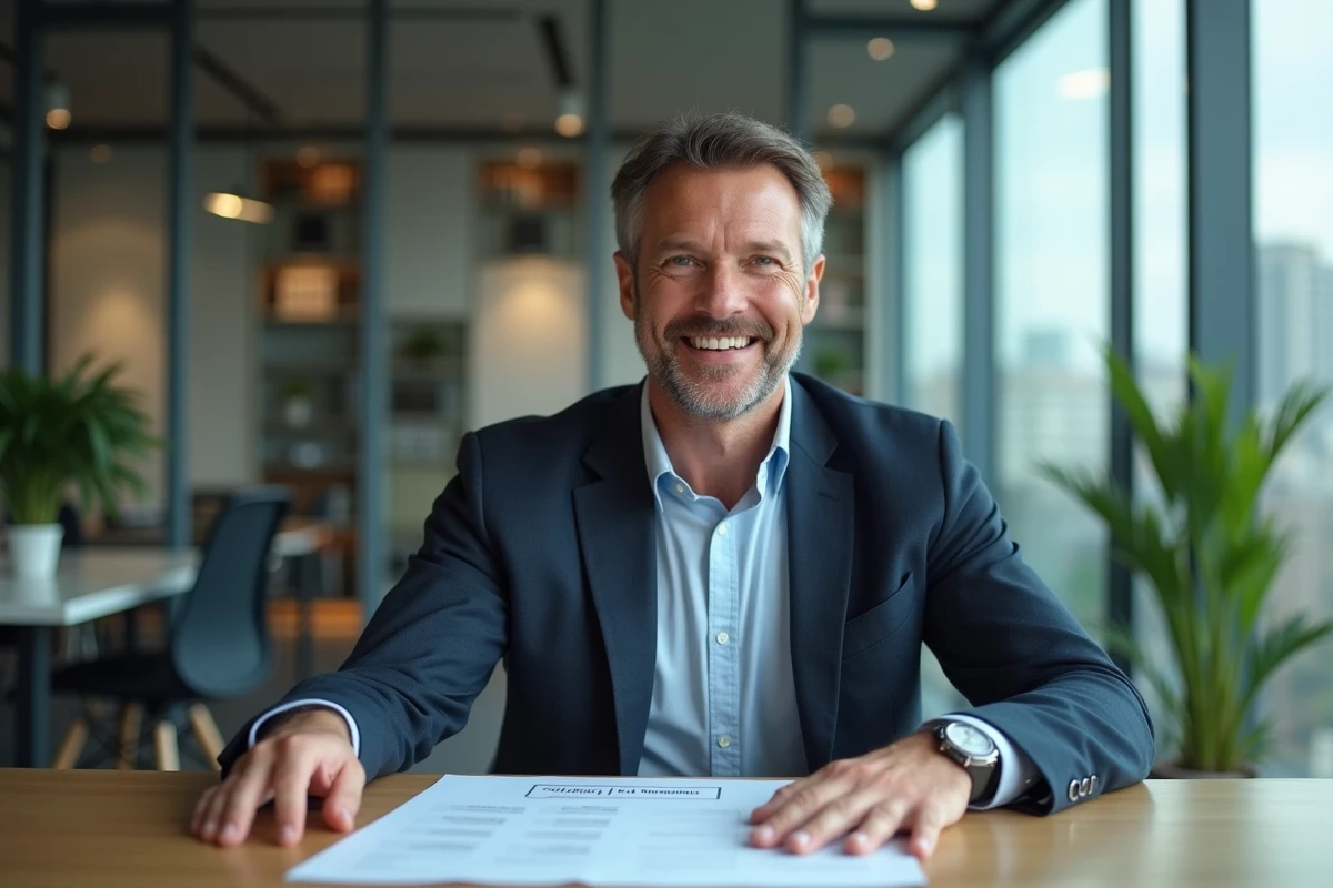Homme d'affaires en blazer souriant dans un bureau moderne