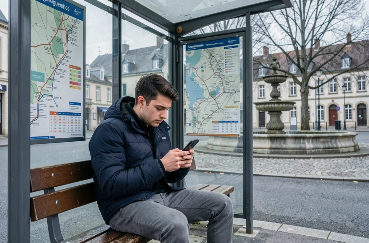 Jeune homme utilisant son smartphone pour consulter les horaires de bus à Sarreguemines