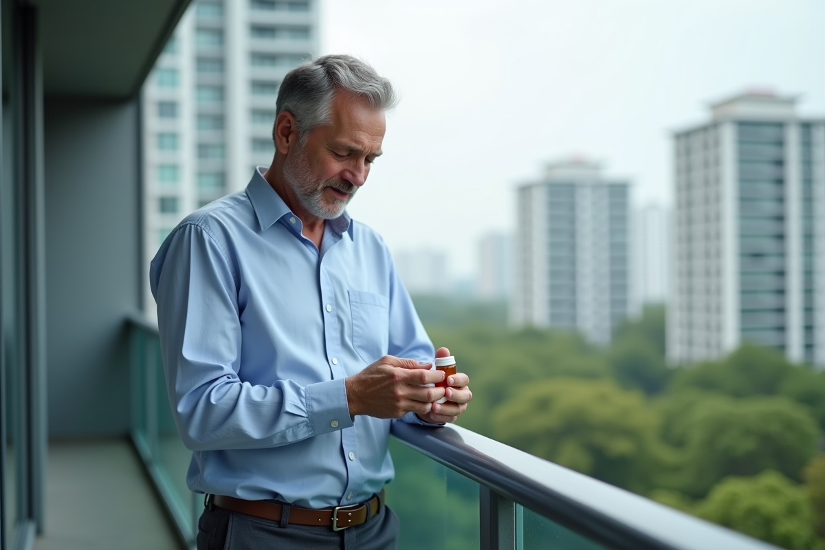 Homme en balcon ouvrant une petite bouteille de médicaments