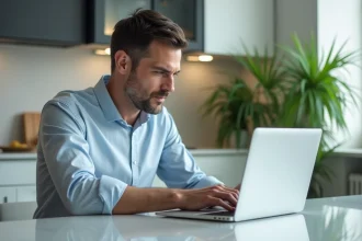 Homme d'âge moyen utilisant un ordinateur dans une cuisine moderne