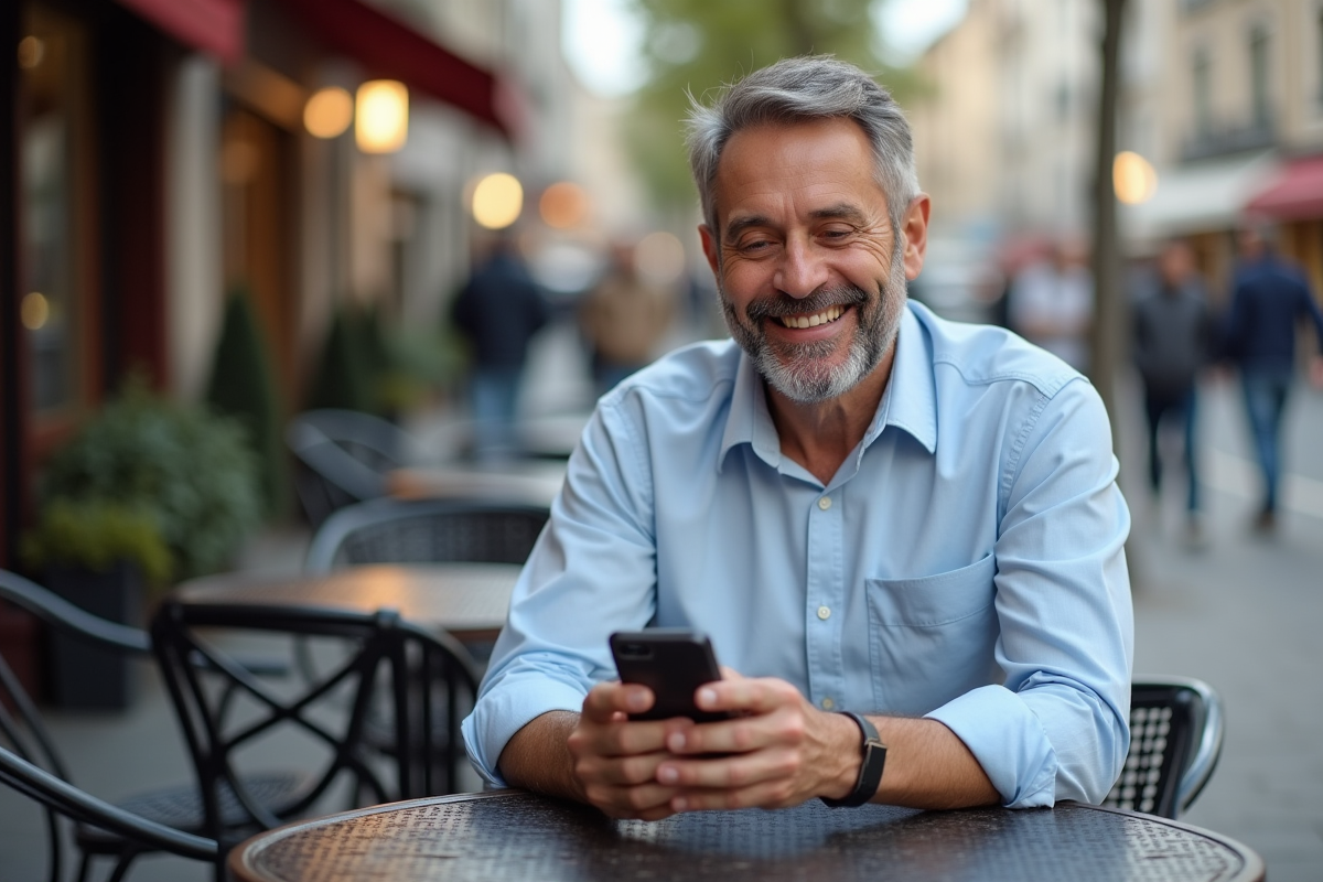 Homme souriant utilisant son smartphone en extérieur
