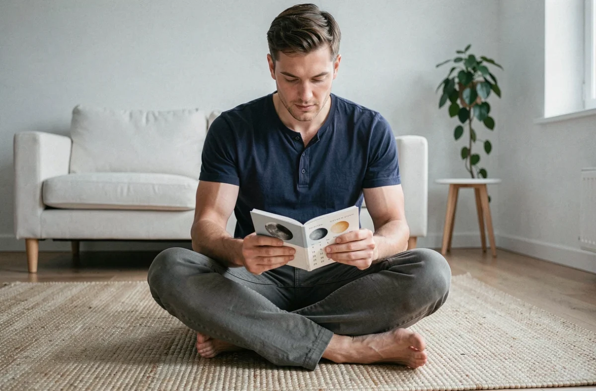 Homme assis sur un tapis tenant un livret de calendrier lunaire avec des phases de lune illustrées dans un appartement minimaliste