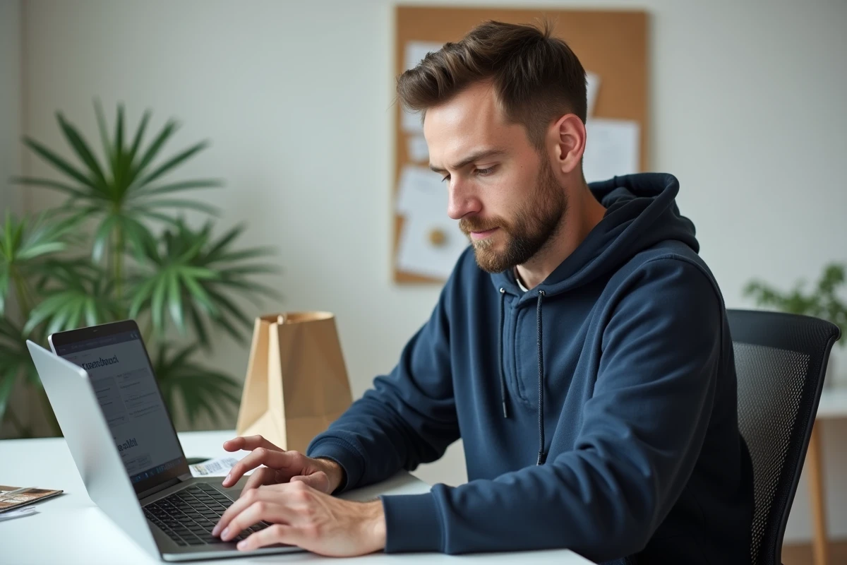 Homme consultant un site de cashback sur son ordinateur portable avec un ticket de caisse Carrefour Drive posé sur le bureau