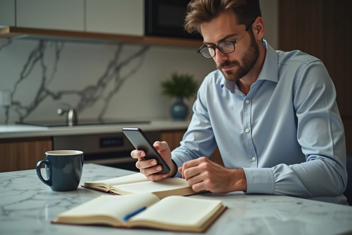 Homme vérifiant un journal dans une cuisine moderne