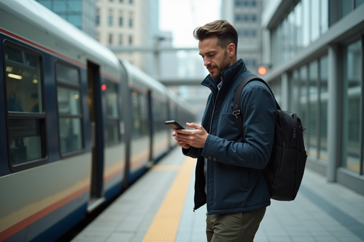 Homme en costume descendant du train en ville