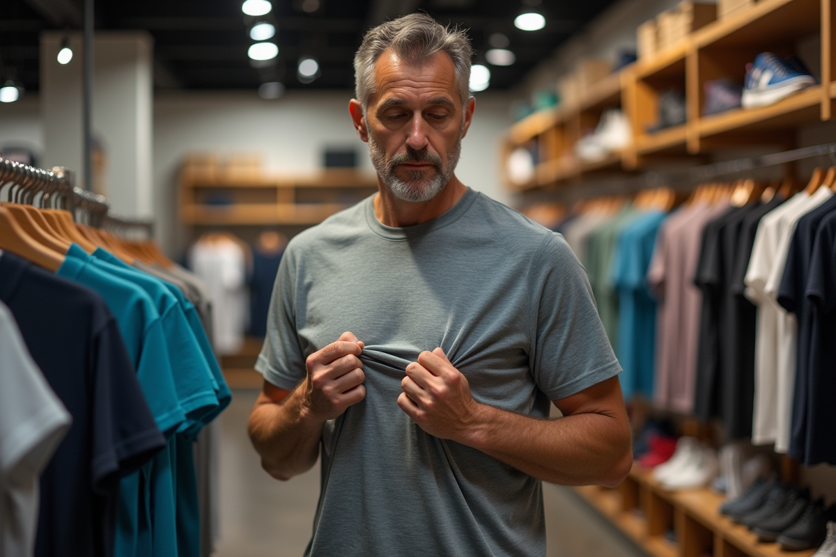 Homme vérifiant un t-shirt de sport respirant en magasin de sport