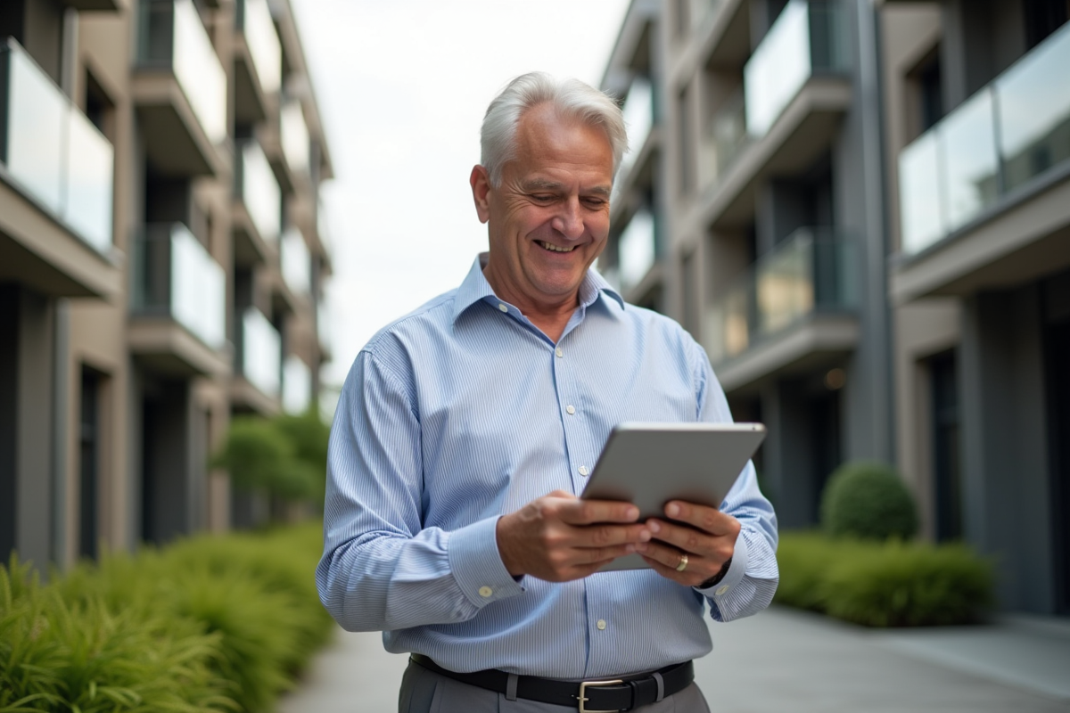 Homme souriant regarde un plan immobilier devant un immeuble neuf
