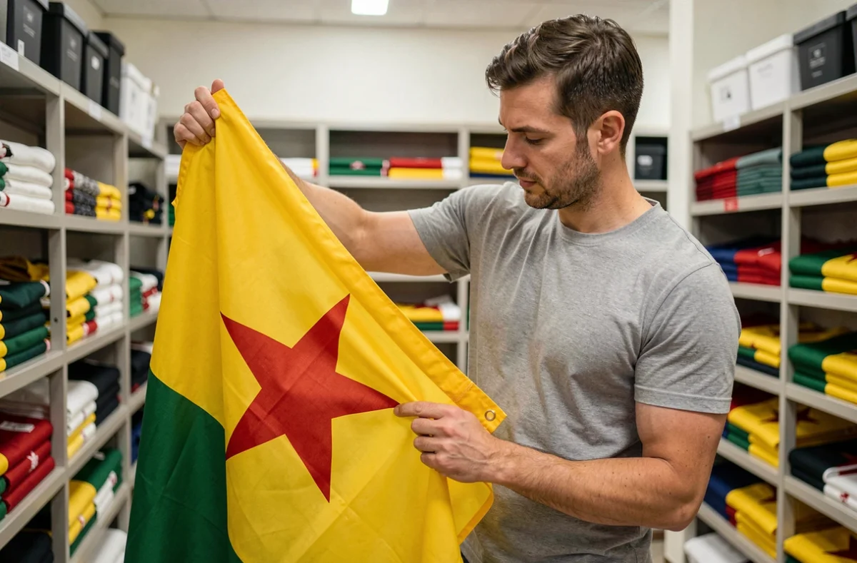 Homme inspectant la qualité d'un drapeau jaune vert étoile rouge dans une boutique spécialisée, examinant les coutures du tissu