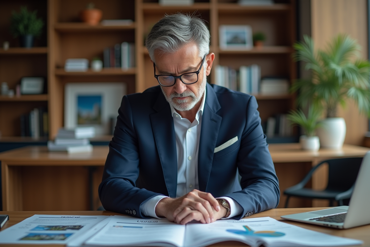 Homme d'affaires en costume bleu étude brochures immobilières