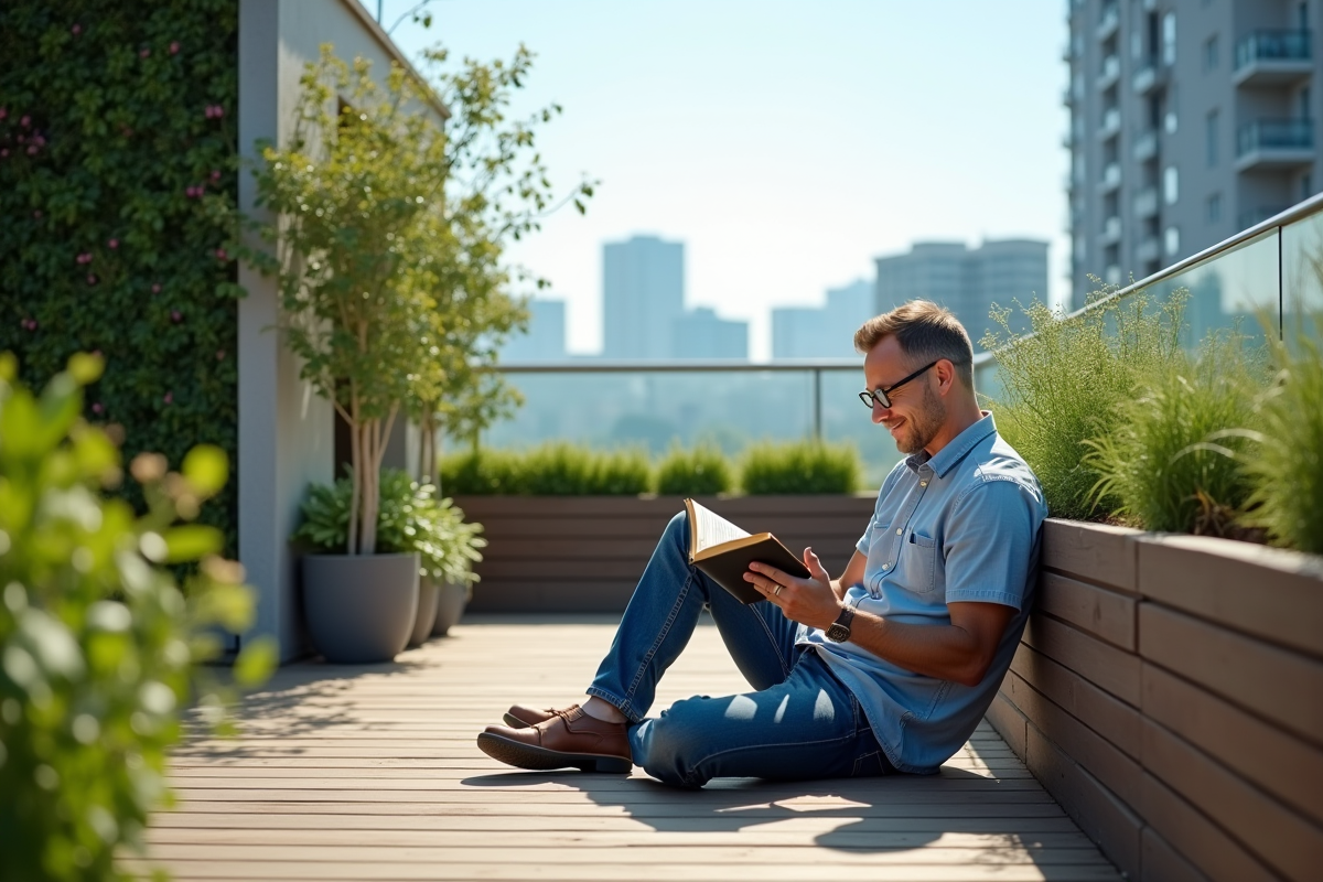 Homme lisant un livre sur une terrasse urbaine verdoyante