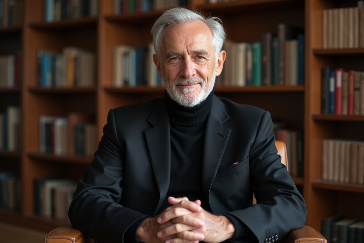 Homme d age en costume dans une bibliothèque moderne