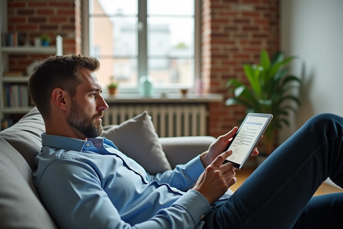 Homme détendu regardant sa tablette dans un appartement lumineux