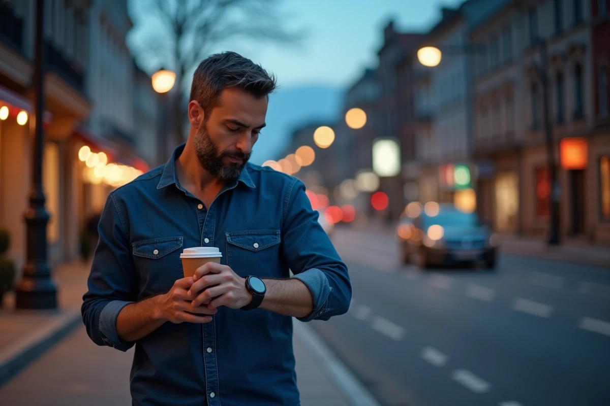 Homme vérifiant l'heure sur sa montre en fin d'après-midi en ville, illustrant le passage de l'heure PM à la soirée