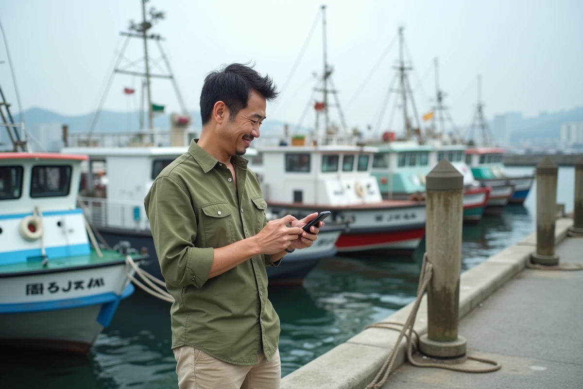 Homme regardant son téléphone au port de pêche japonais