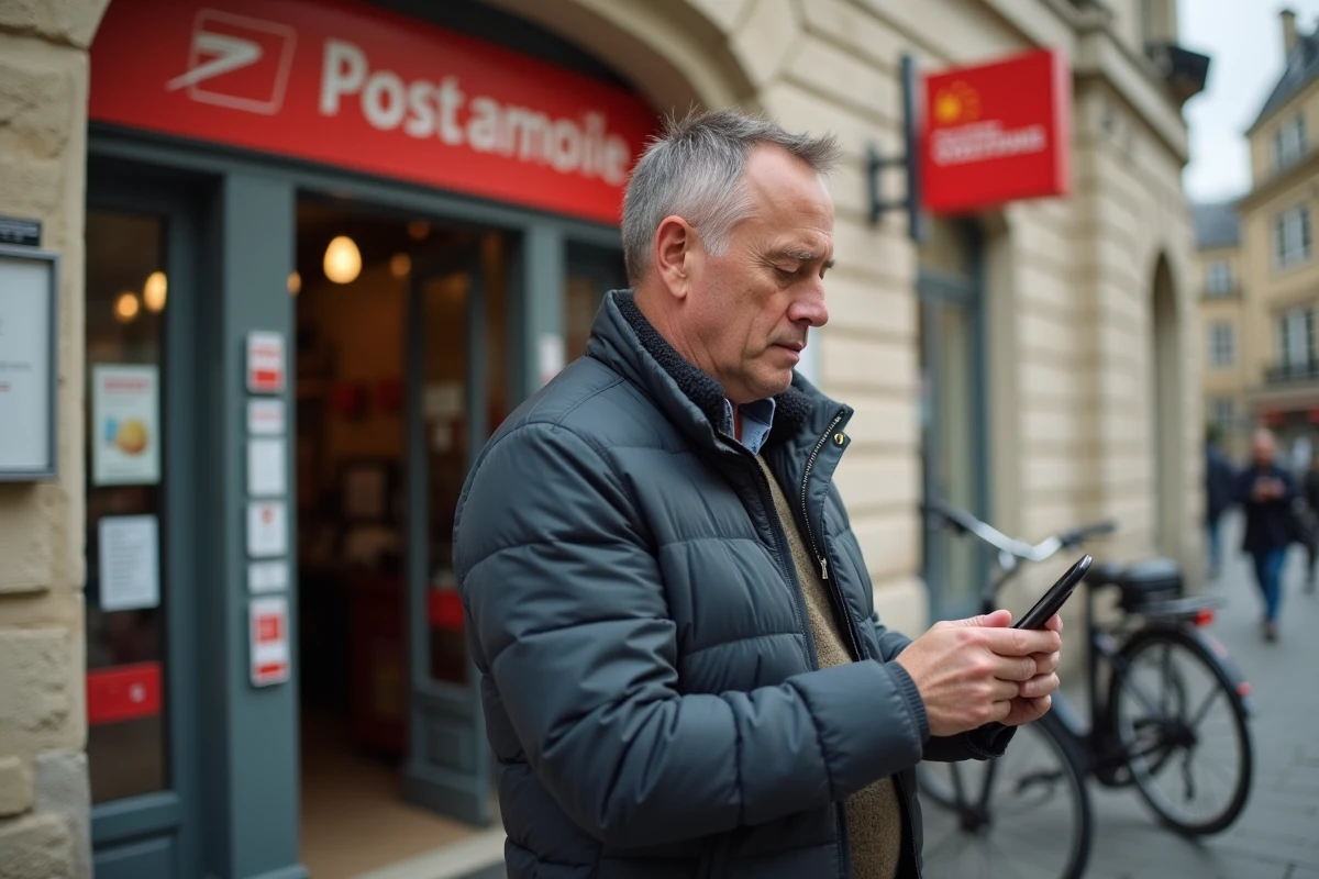 Homme v&eacute;rifiant son colis devant une poste fran&ccedil;aise