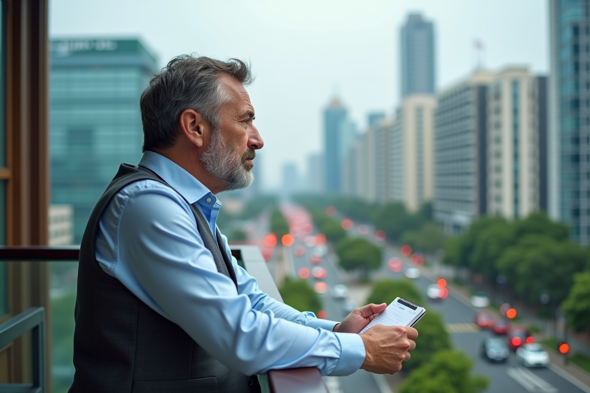 Homme détendu sur un rooftop avec un carnet en main