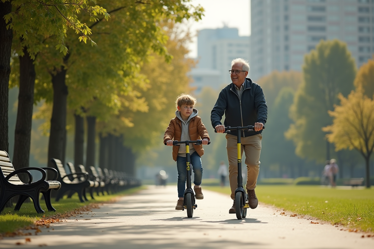 Homme en scooter avec un enfant dans un parc ensoleille