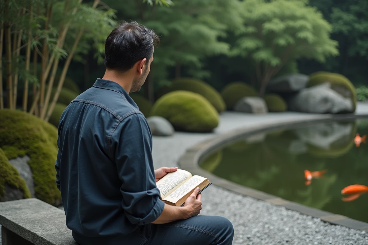 Homme serein dans un jardin japonais tenant un livre de citations sur le silence et la personnalité