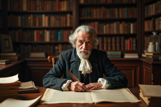 Homme âgé en costume du XVIIIe siècle dans un bureau ancien