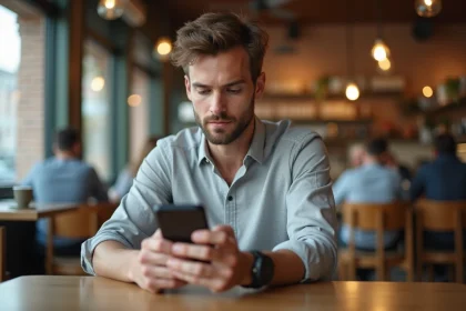 Jeune homme consultant une chronologie sur smartphone dans un café urbain moderne