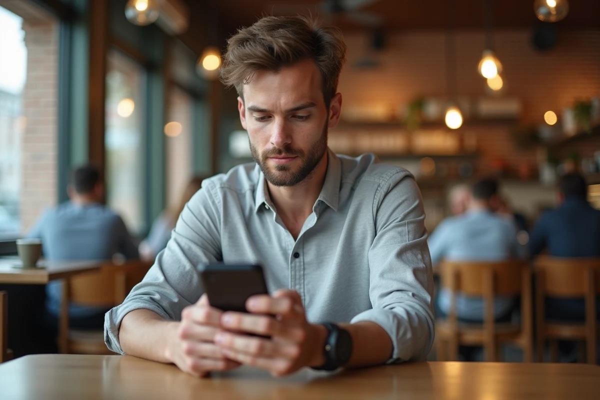 Jeune homme consultant une chronologie sur smartphone dans un café urbain moderne