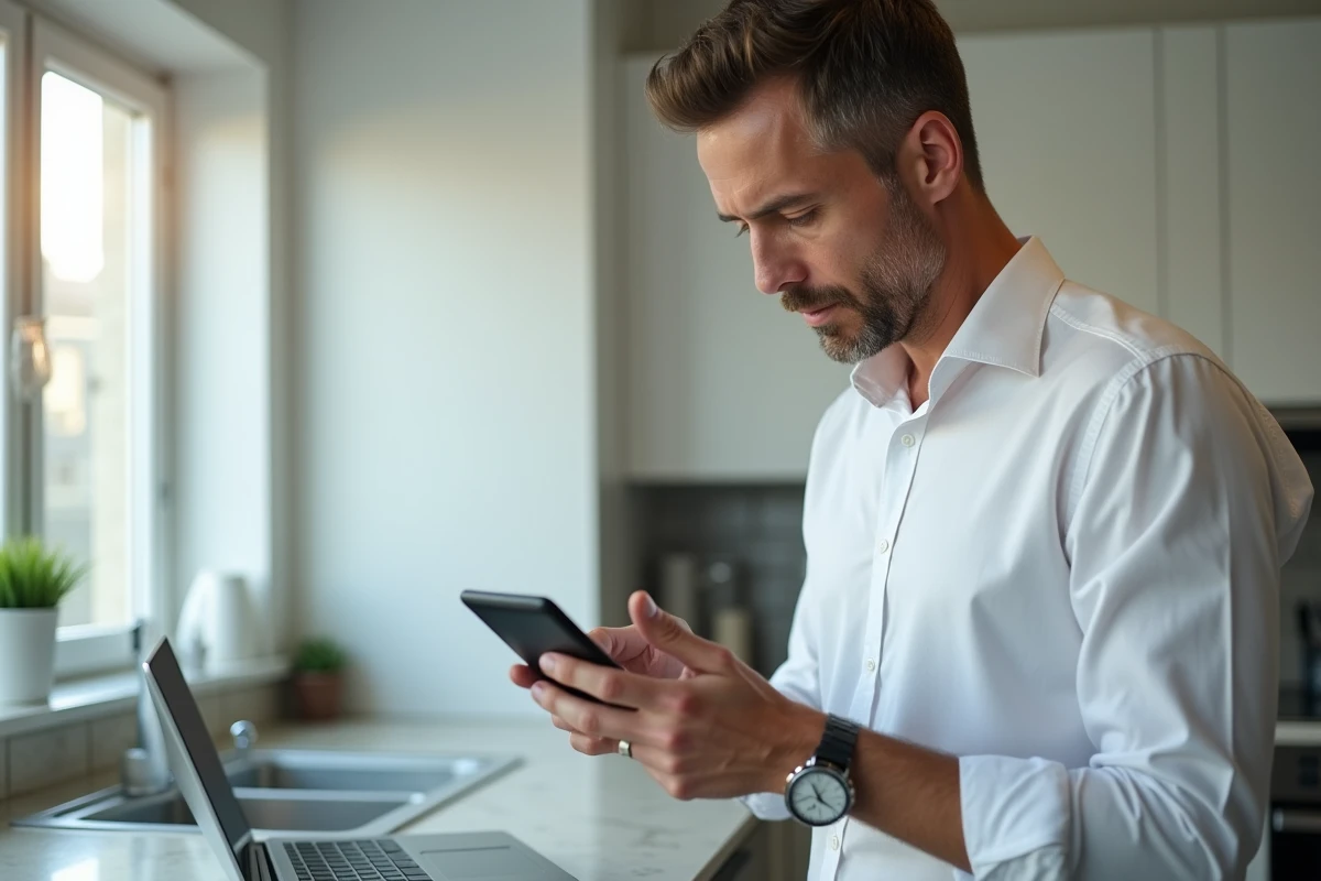 Homme d'affaires consultant son smartphone et son ordinateur portable dans une cuisine moderne, illustrant les risques et bonnes pratiques liés à la connexion multi-appareils à un espace membre